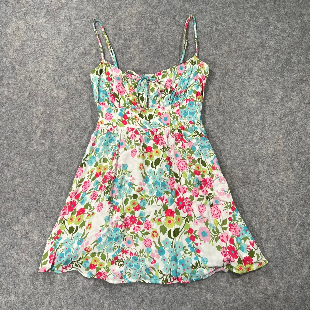 Maaji Dress Womens S Pink Blue Floral Rayon Smocked Spaghetti Strap Summer Mini